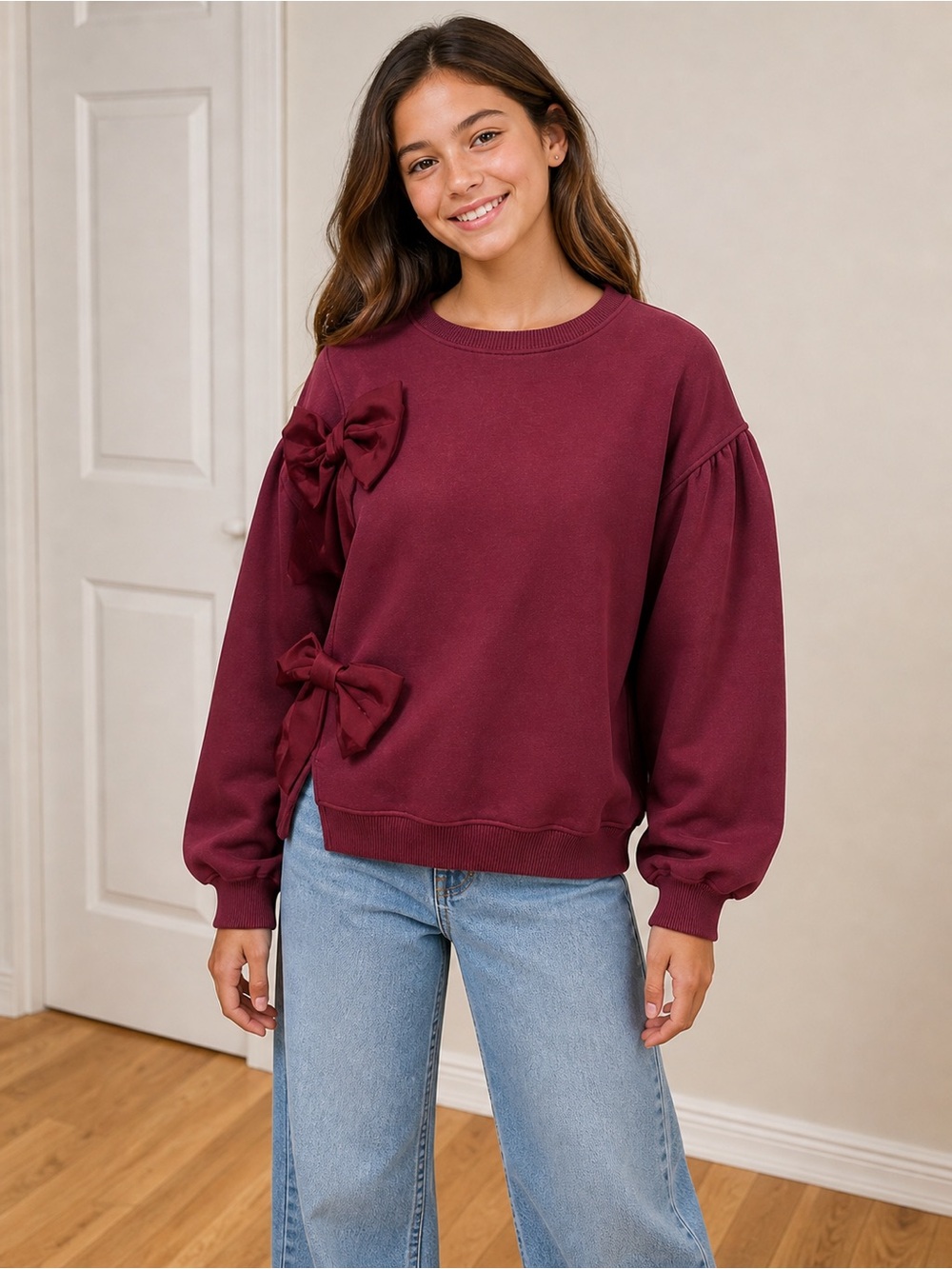 Zara Kids Maroon Bow Detail & Puff Arm Sleeve Sweater Size 13-14 NWT